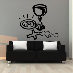 Religious wall decal with chalice, cross, and small bread icons