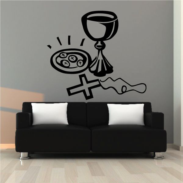 Religious wall decal with chalice, cross, and small bread icons