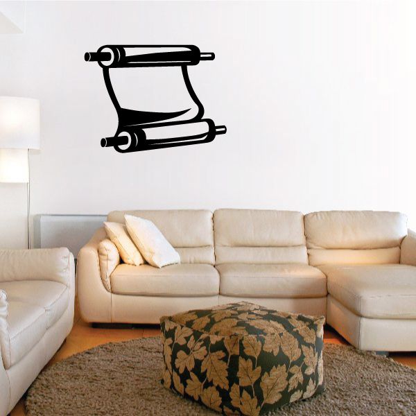 Black scroll decal with two rolled paper sections and ribbon-like ends