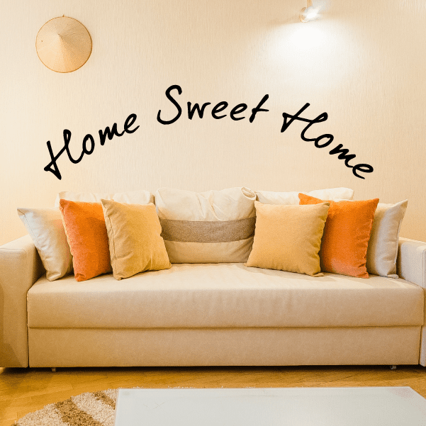 Curved wall decal with black cursive 'Home Sweet Home' text