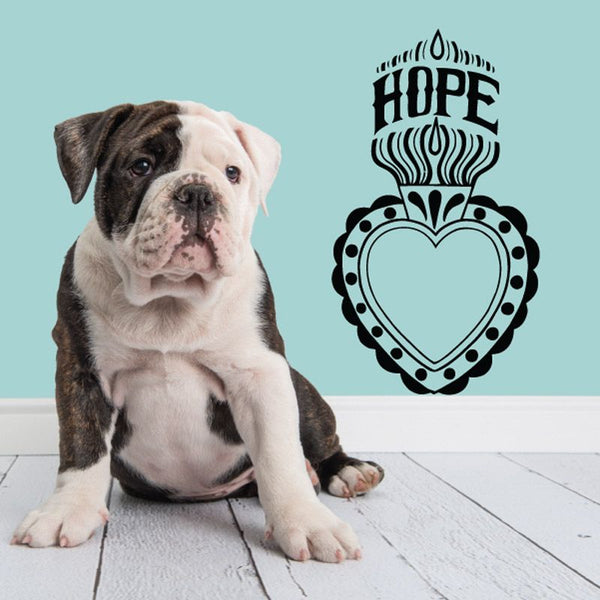 Hope sacred heart decal with HOPE text and heart flame design, black