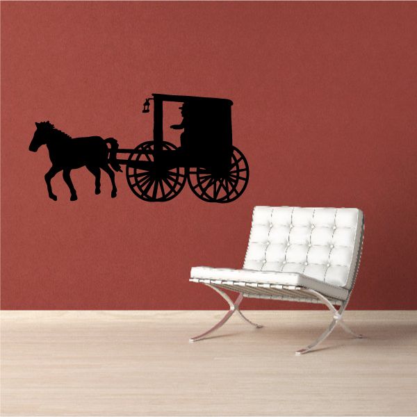 Black horse and carriage vinyl wall decal with wheels and driver seat.