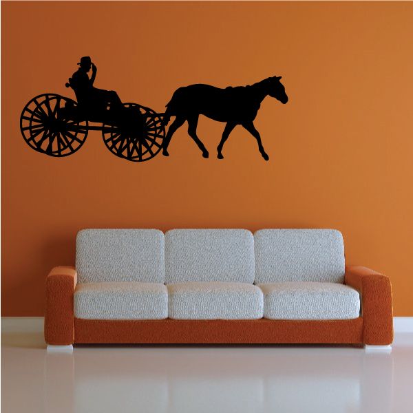Black horse and carriage wall decal silhouette with driver on cart