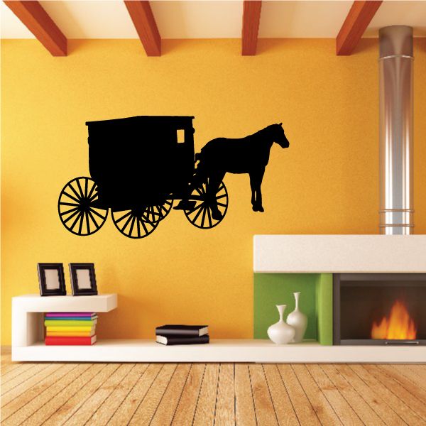 Black horse-drawn carriage wall decal silhouette with large spoked wheels