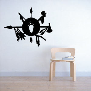 Black wheel-style wall decal with spoked rays and hanging banner shapes