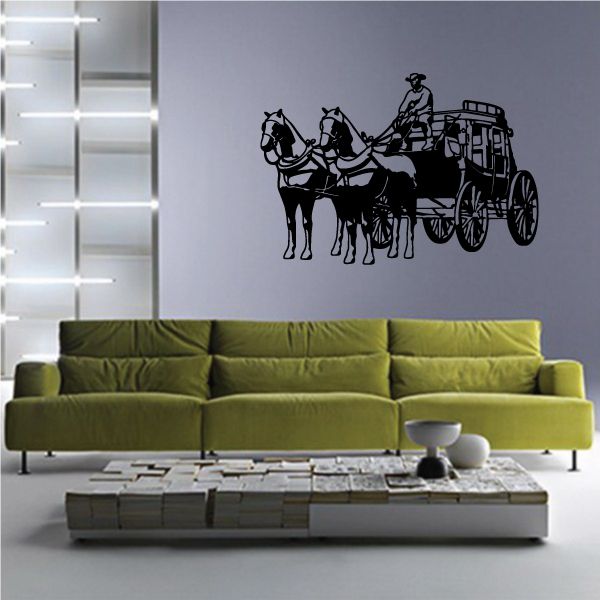 Horse and carriage wall decal, black vinyl silhouette with rider and buggy