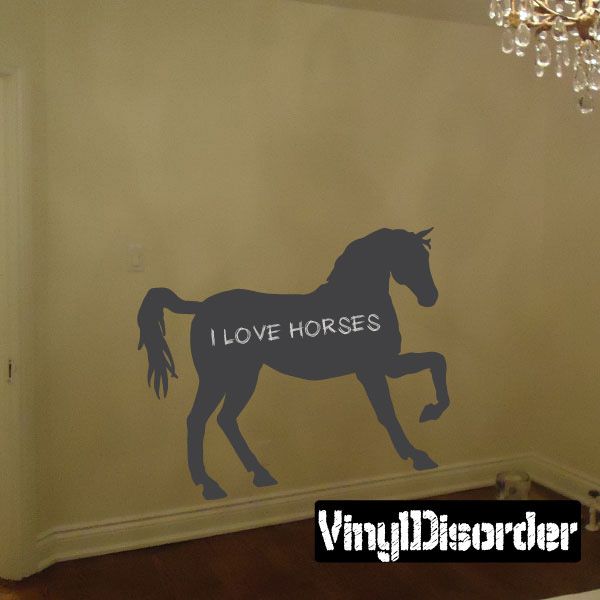 Horse chalkboard decal with I LOVE HORSES text, dark silhouette on wall