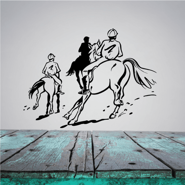 Horse racing vinyl decal with black horse and jockey riders silhouettes