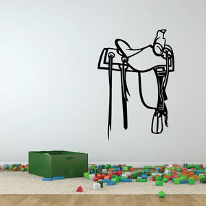 Black line-art horse saddle wall decal with stirrups and reins