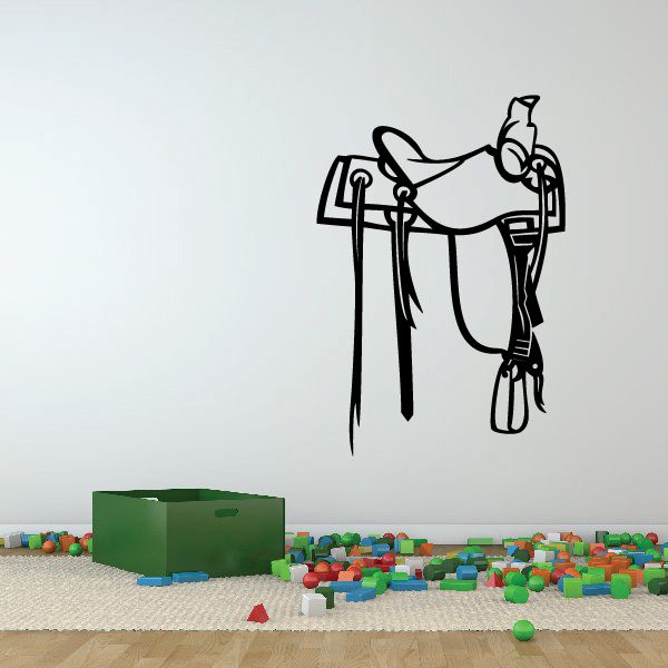 Black line-art horse saddle wall decal with stirrups and reins