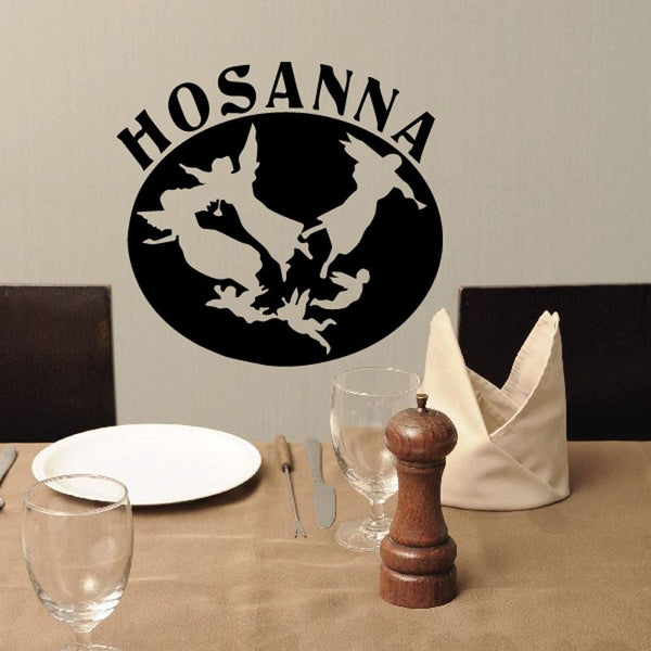 Black Hosanna angels decal: circular angel silhouette with lettering