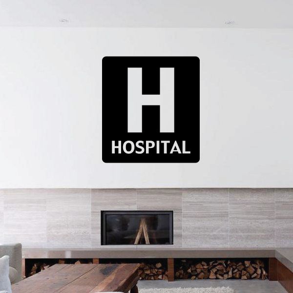 Hospital wall decal, black square with white H and HOSPITAL text