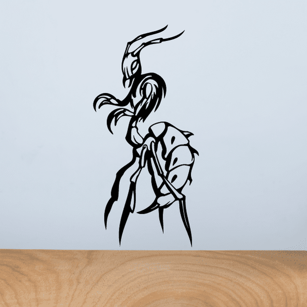 Praying mantis decal with dark line art, stylized insect with raised forelegs