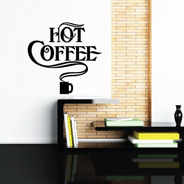 Hot Coffee wall decal with black text and steaming coffee cup icon