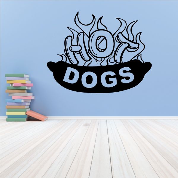Hot dogs vinyl wall decal with flaming hot dog and DOGS lettering
