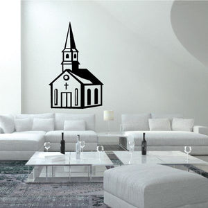 Church building wall decal in black silhouette with steeple and windows