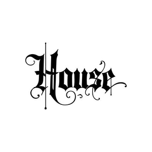 Black gothic-style text vinyl decal sticker, ornate lettering with swirls