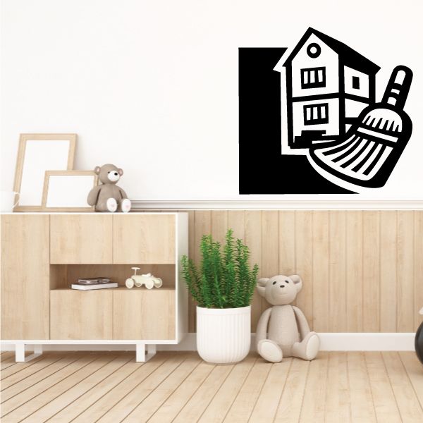 Housekeeping wall decal with black house and hand-washing graphic