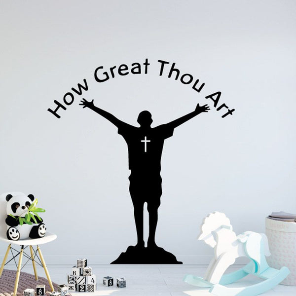 Christian wall decal with black silhouette figure holding arms up and cross