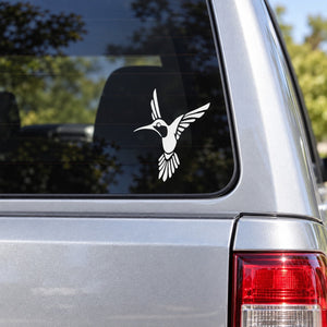 Flying hummingbird decal, white bird design on car rear window glass
