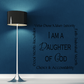 Religious word collage decal with 'I AM A DAUGHTER OF GOD' in black script.