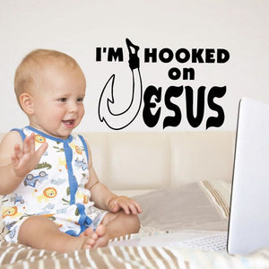 Religious wall decal: “I’m Hooked on Jesus” with hook icon, black text on white