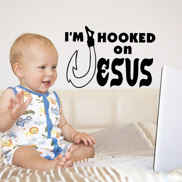 Religious wall decal: “I’m Hooked on Jesus” with hook icon, black text on white