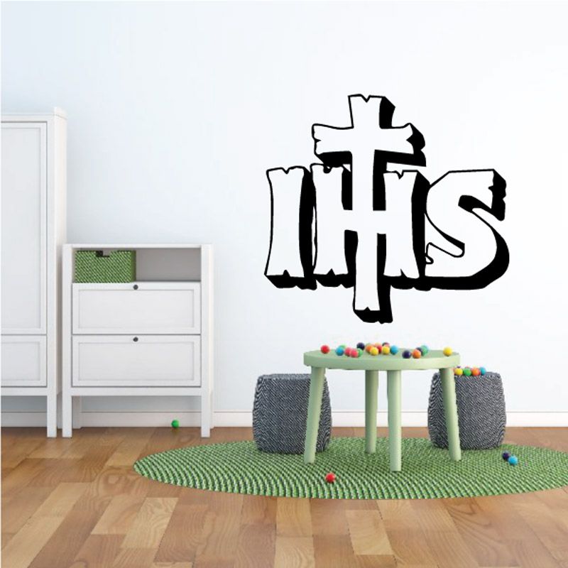Black wall decal with cross and large 'HIS' lettering