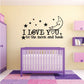 Wall decal with crescent moon, stars, and 'I LOVE YOU to the moon and back'