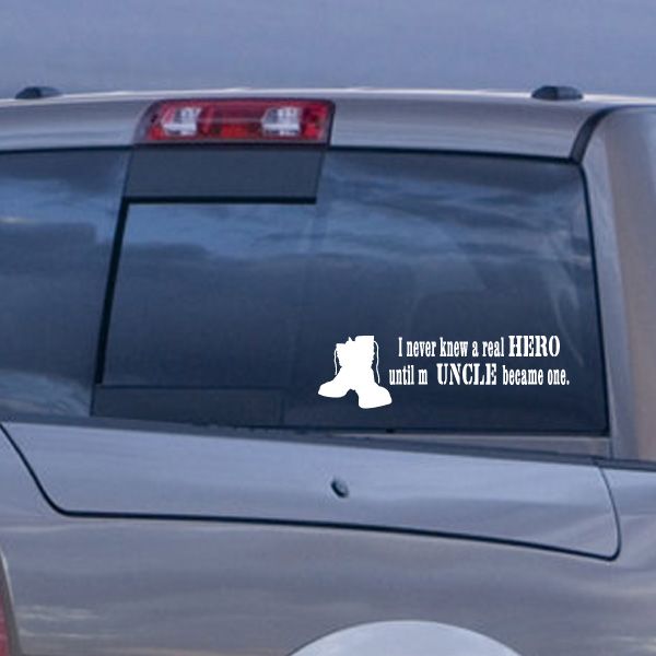 Car window decal with white quote text and horse silhouette