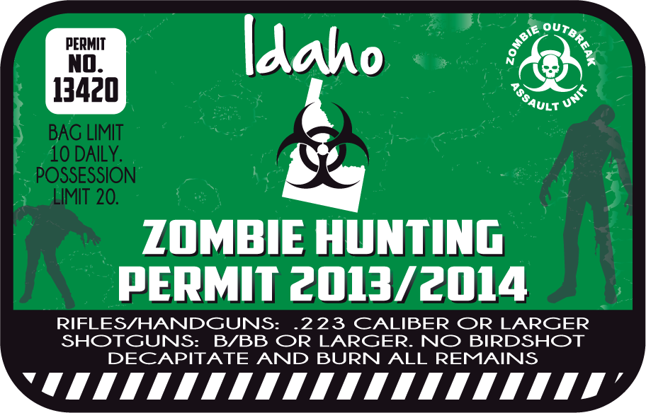 Green Zombie Hunting Permit sticker with Idaho text, biohazard icon, Permit 2013/2014.