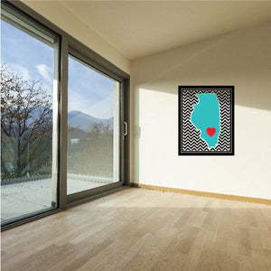 Square chevron border sticker with teal Illinois shape and small red heart