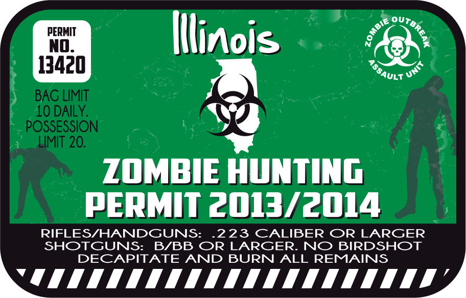 Zombie hunting permit sticker with green biohazard icon, permit No. 13420 text