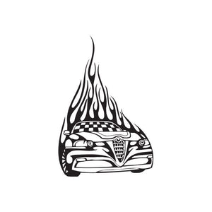 Car front end flames decal with checkered graphic, black and white