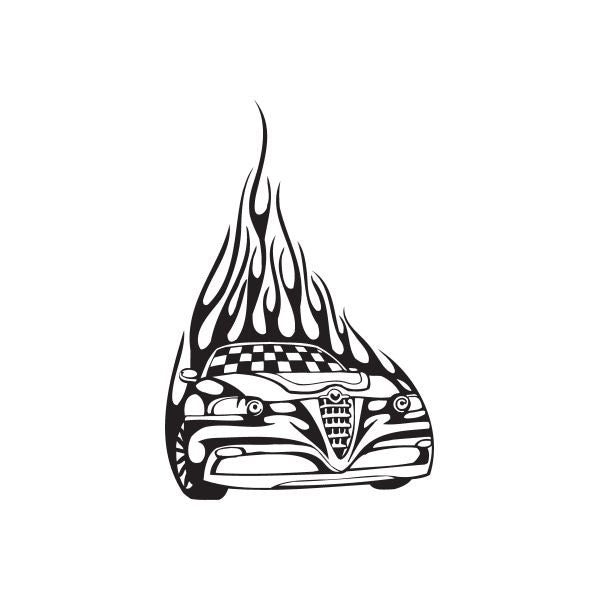 Car front end flames decal with checkered graphic, black and white