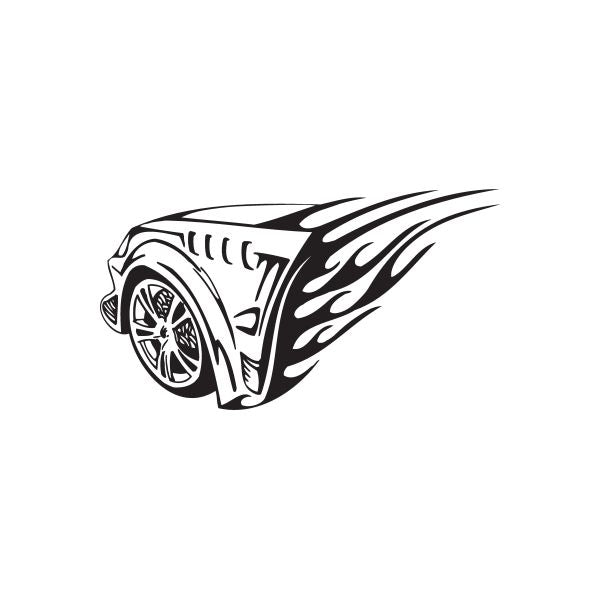 Car front fender flames decal with black-and-white racing graphic