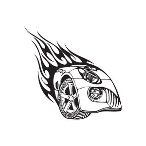 Car front fender flames decal with bold black-and-white flame and headlight graphic