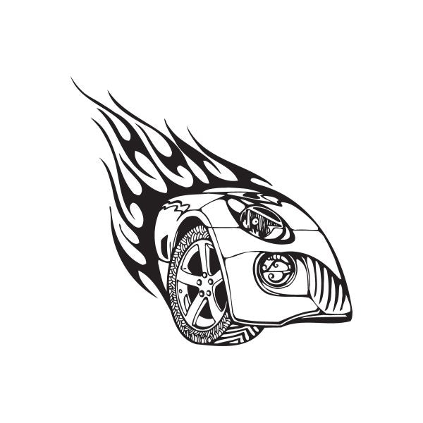 Car front fender flames decal with bold black-and-white flame and headlight graphic