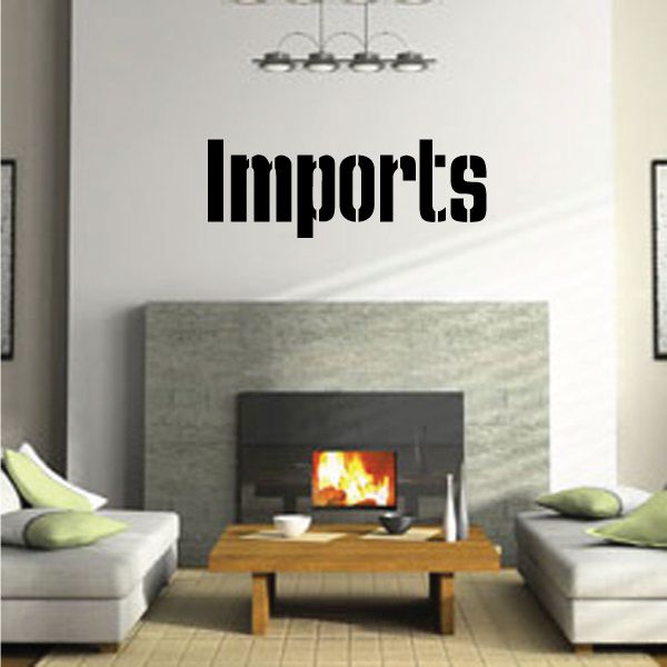 Wall decal featuring bold black 'Imports' typography