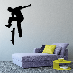 Skateboarding silhouette wall decal with rider on skateboard, black