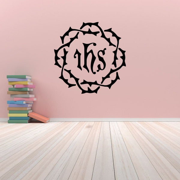 Black crown-of-thorns decal with circular IHS lettering