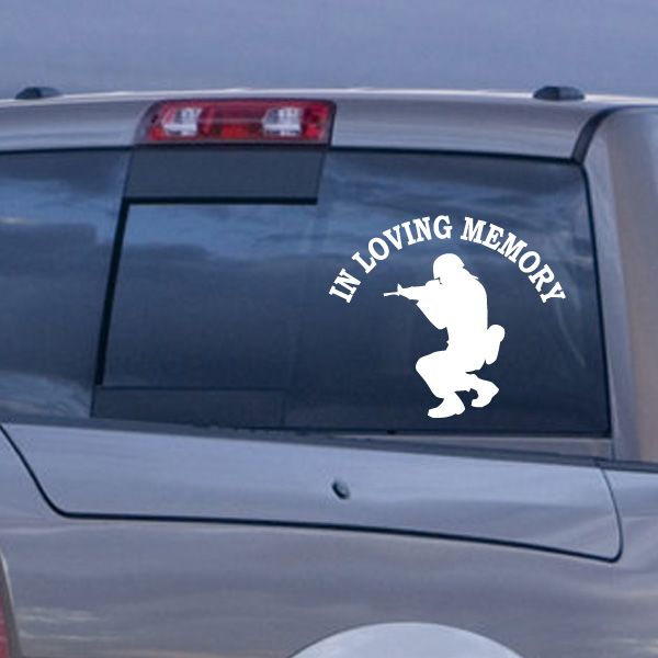 In loving memory soldier car decal with white text and kneeling rifle silhouette