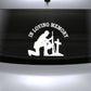Custom car decal with white kneeling soldier holding a cross and “In Loving Memory” text