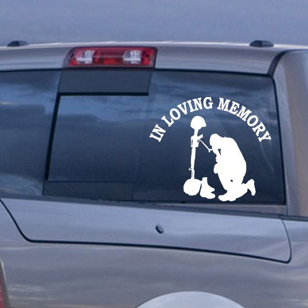Praying soldier memorial car decal with white silhouette and curved text