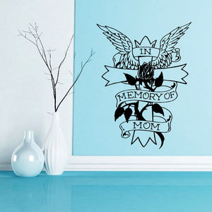 In memory of mom cross wall decal with wings and ribbon lettering