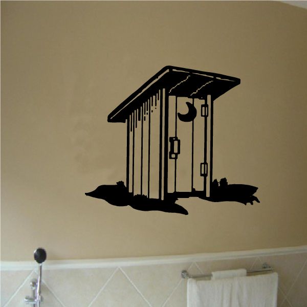 Vinyl wall decal of a black house silhouette with hanging door and windows
