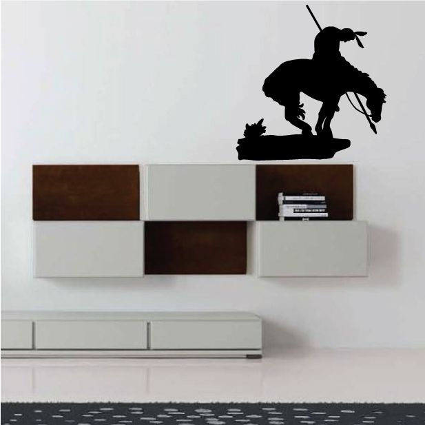 Black vinyl wall decal silhouette of an Indian rider on horseback, vinyl sticker