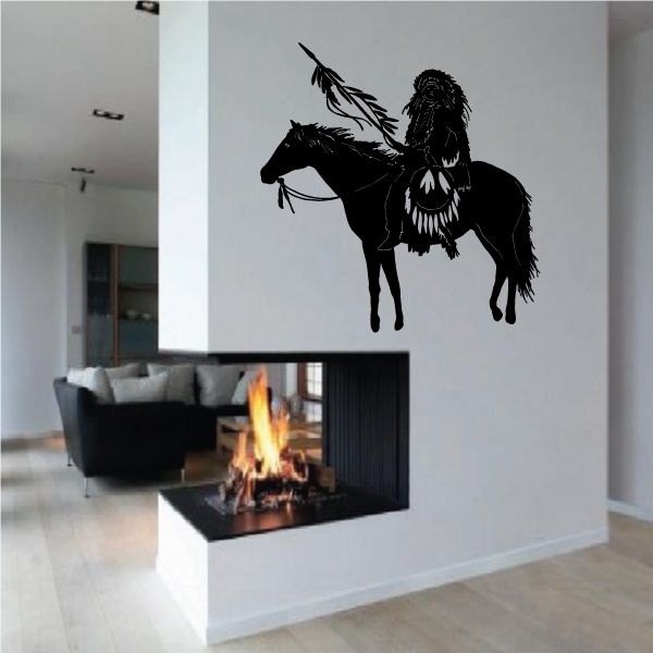 Black vinyl wall decal of an Indian rider with a raised sword and horse