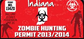 Indiana zombie hunting permit sticker, red with biohazard icon and 2013/2014 text