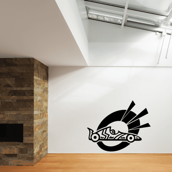Black racing car alert vinyl decal with stylized car and exclamation lines